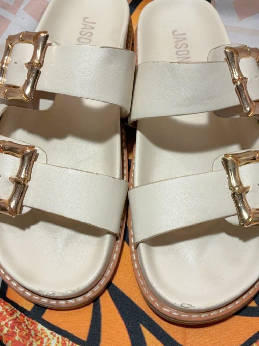 Jason Wu Marzan Double Strap Slides Cream White Gold Bamboo Buckle - Size 9